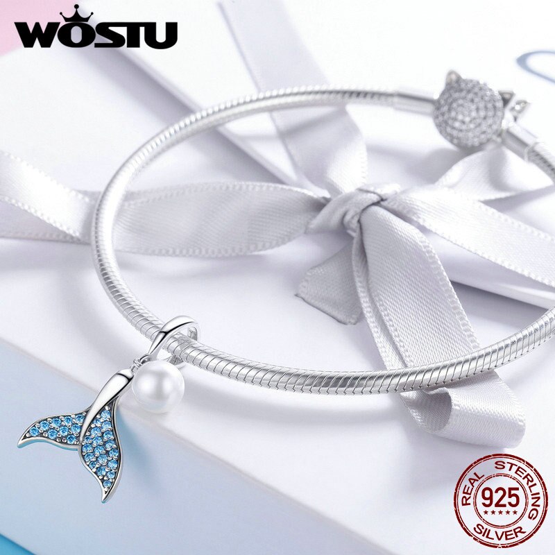 WOSTU Echt 925 Sterling Silber Meerjungfrau Schwanz Elegante Perle CZ Charme Korn passen Armbinde & Armreif Frauen Schmuck DXC877