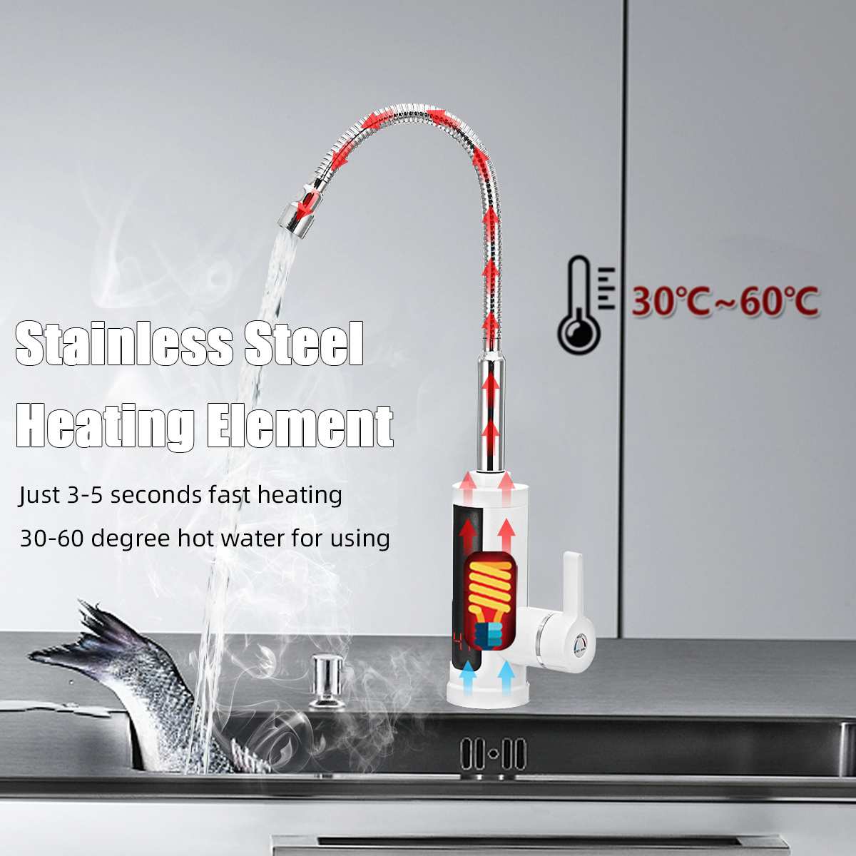 3000W 220V Electric Kitchen Flow Water Heater Tap Instant Water Faucet Heater Cold Heating Tankless Water Heater with LED