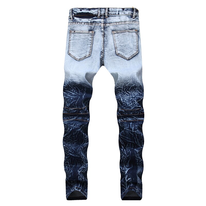 Lynlås stretch mænd slim fit knæ plisseret syning lige denim jeans bukser streetwear revet motorcykel hip hop biker jeans