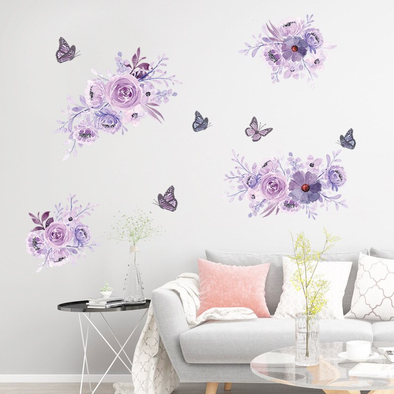 40x60CM Purple Flower Wall Stickers Art Butterfly Wall Decals For Girls Bedroom Living Room Decoration Self Adhesive Wallpaper