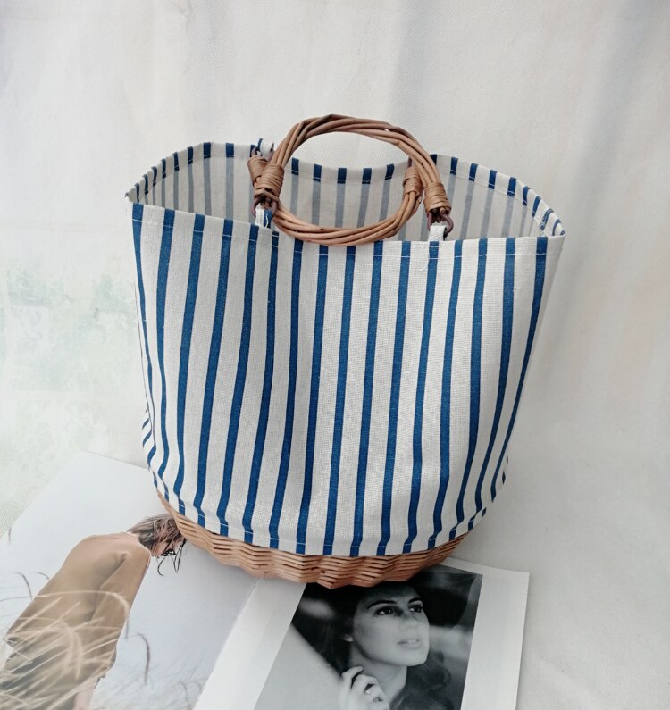 Big Capacity Handmade Weaving Straw Patchwork Canvs Totes Women Handbags Rattan Woven Ladies Hand Bag Summer Beach Shoulder Bags: Blue