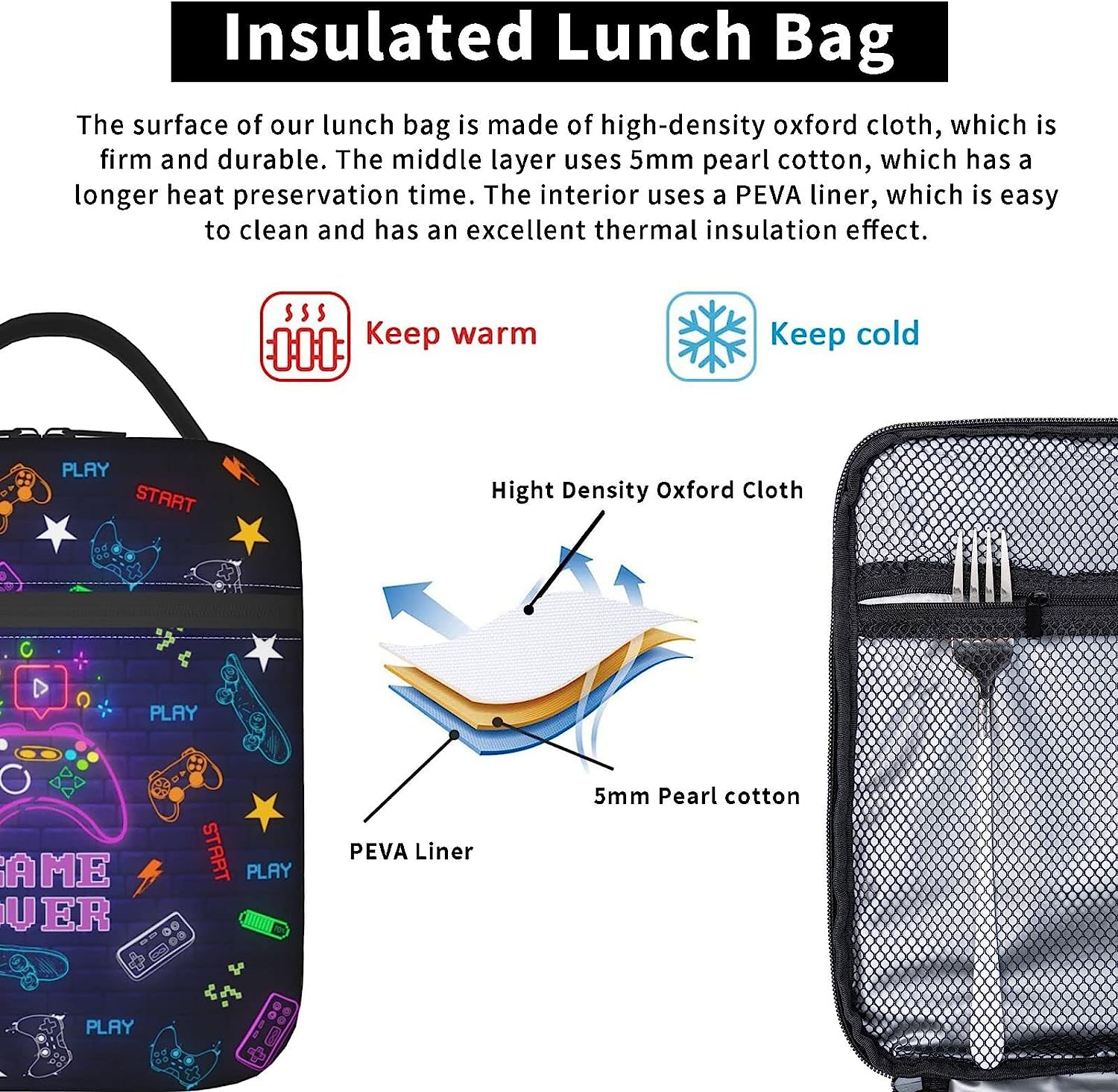 Game Gamer Lunch Box Lunch Bags Insulated Leakproof Lunch Bag for Men Boys Reusable Handbags Thermal Cooler Bento Tote Bag