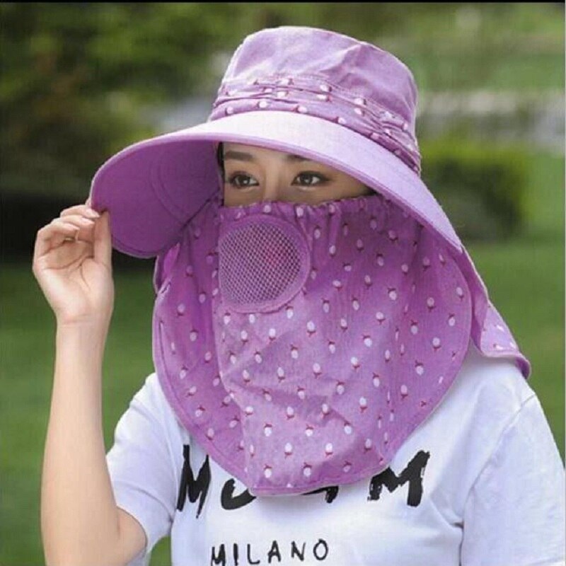 Capa de proteção primavera verão chapéus de sol feminino pescoço rosto protetor solar de borda larga respirável pescador chapéu máscara de sol ao ar livre: purple