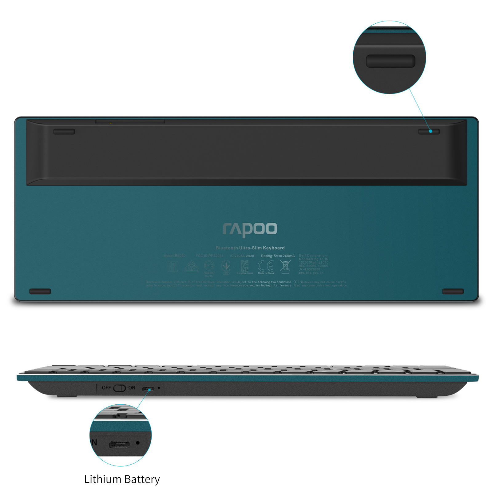 Rapoo E6080 Oplaadbare Multi-Apparaat Bluetooth Toetsenbord Ultra-Slim 5.6Mm Windows, Chrome Os, Android, ipad, Iphone Compatibel