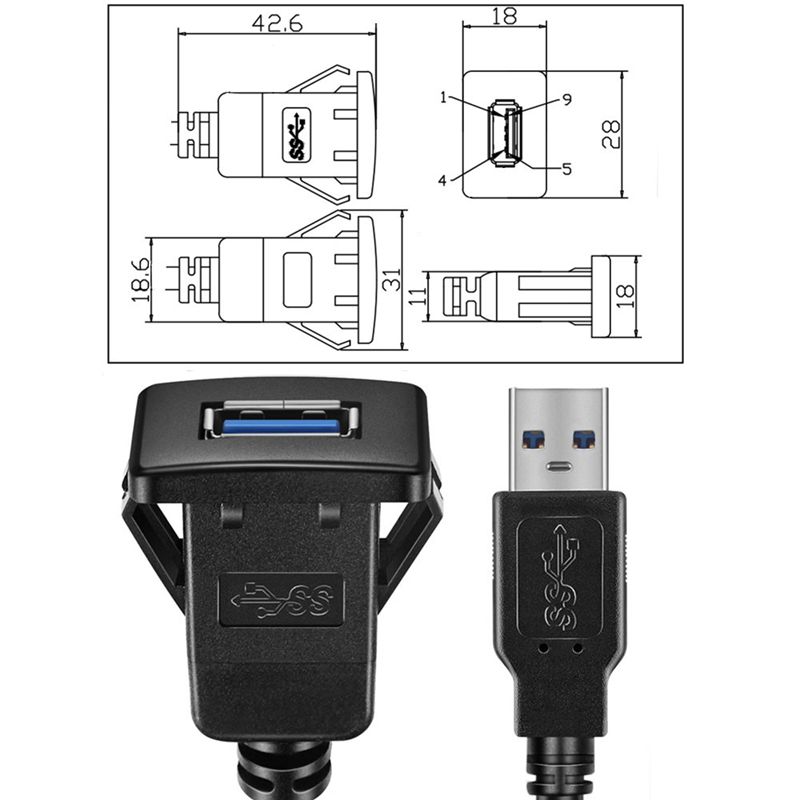 ABS Shell Buckle Type Dual Port USB 3.0/2.0 Male To Female Car, Ship, Motorcycle Instrument Panel Extension Waterproof Cable 1m