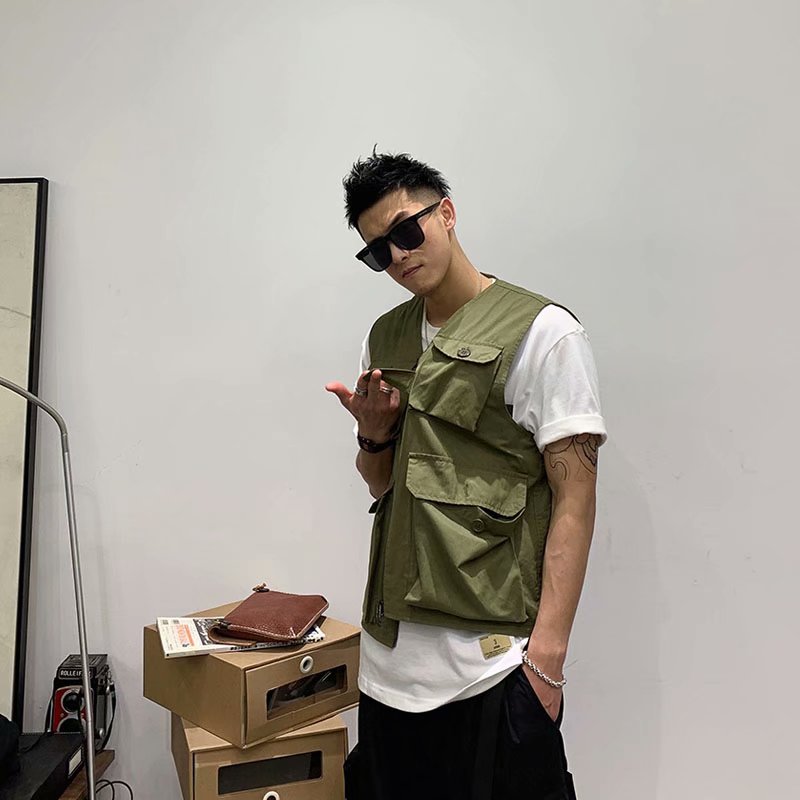 Originalt amerikansk værktøj afslappet herre ensfarvet vest urban funktionel vind retro vild enkel cardigan vest trend