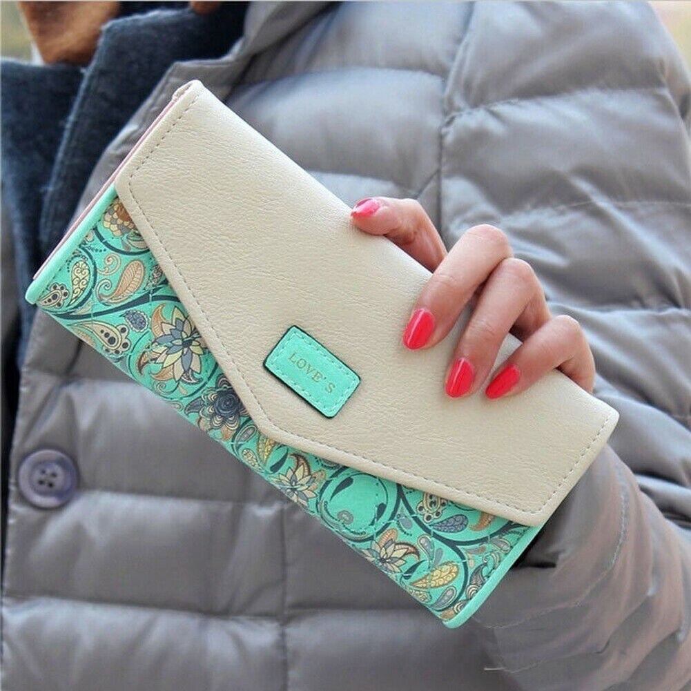 Womens Ladies Envelope Leather Wallet Card Button Clutch Purse Long Hand Bag: Green