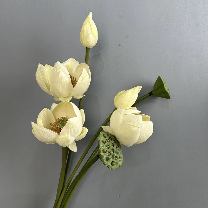 Artificial Flower EVA Lotus with Pole Lotuses Leaves Home Living Room Pastoral Style Decoration Simulation Pink White Flowers