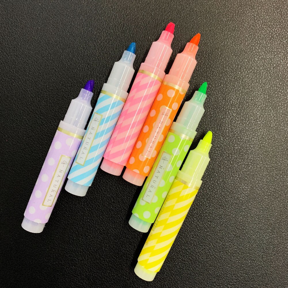 6pcs/Pack Simple Fresh Dots Striped Mini Highlighter Paper Marking Pen Drawing Shool Office Supply Kids Student Stationery