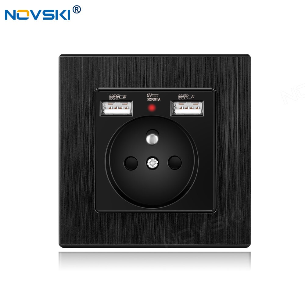 NOVSKI French Power Socket, Electrical French Outlet, 2.1A Dual USB Charging Port with Soft LED Indicator, White, Black, Gold: PC black texture