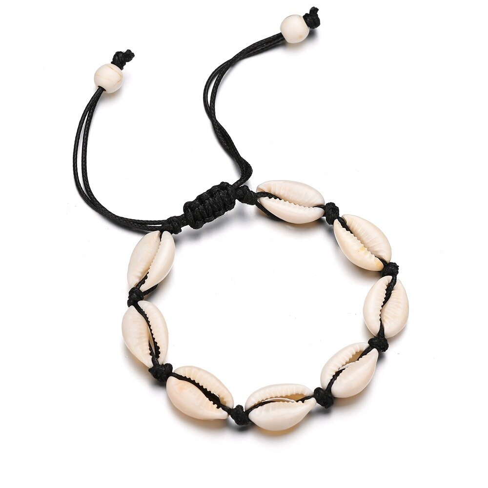 Natuurlijke Porceleinslak Shell Armband Ketting Set Voor Vrouwen Handgemaakte Geweven Boho Hawaii Strand Shell Verstelbare Choker Meisje Festival: B-Black