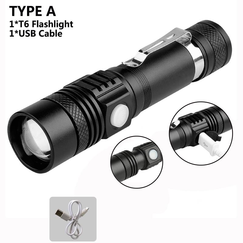 Powerful 6000ml T6 Flashlight Aluminum Waterproof Zoomable Mini Flashlight 18650 Rechargeable For Camping charging lamp: TYPE A