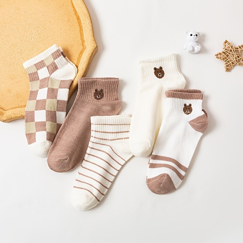 5 pares de calcetines al tobillo de oso de peluche, cómodos y bonitos calcetines cortos para mujer