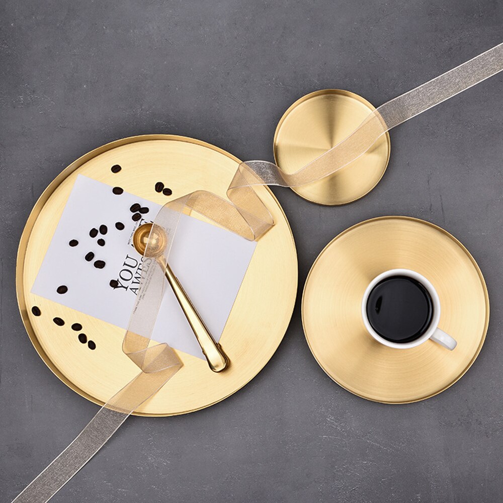 Gouden Dienblad Ronde Voedsel Sieraden Display Lade Rvs Ring Ketting Opslag Pan Luxe Thuis Thee Lade Organizer