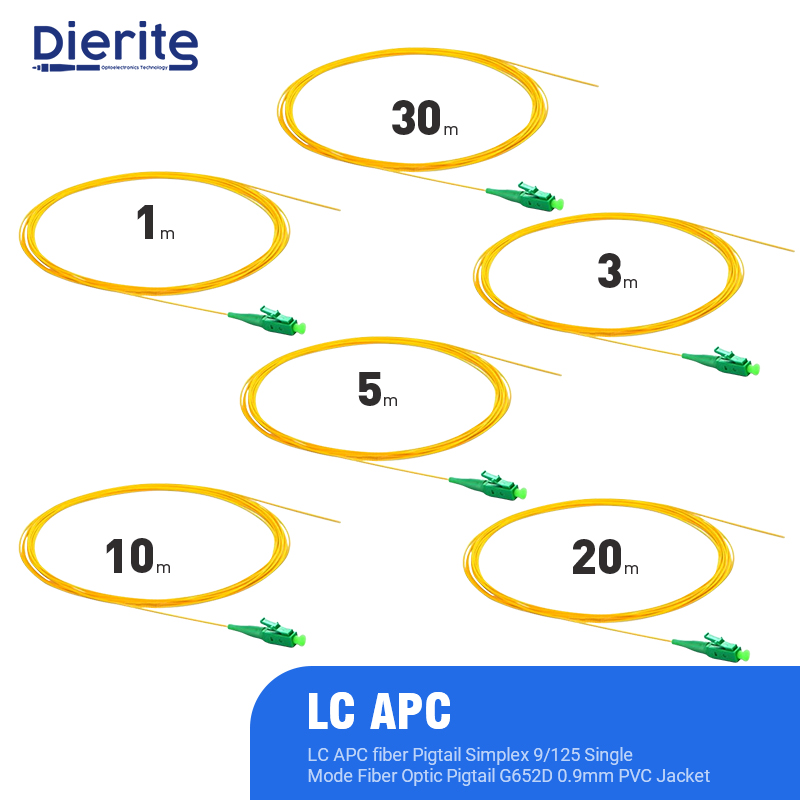 3m 10pcs/Package Single Joint LC APC Fiber Pigtail Simplex 9/125 Single Mode Fiber Optic Pigtail G652D 0.9mm Yellow PVC Jacket