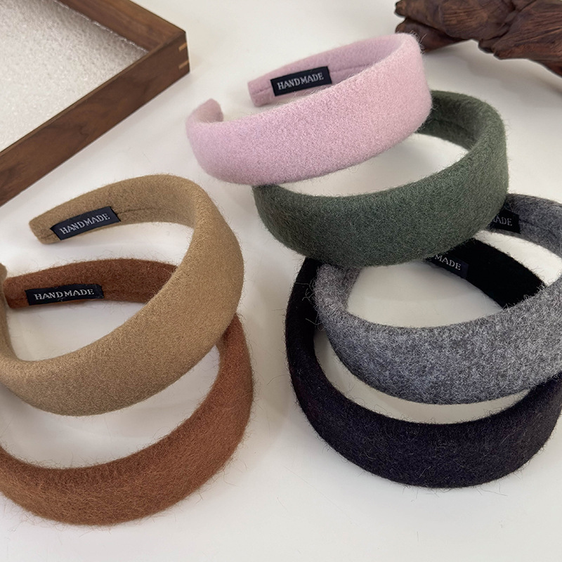 Diadema ancha de tela de felpa de lana Retro, bandas para el cabello de Color sólido para mujer, aro para el cabello con temperamento, accesorios para el cabello de femenina