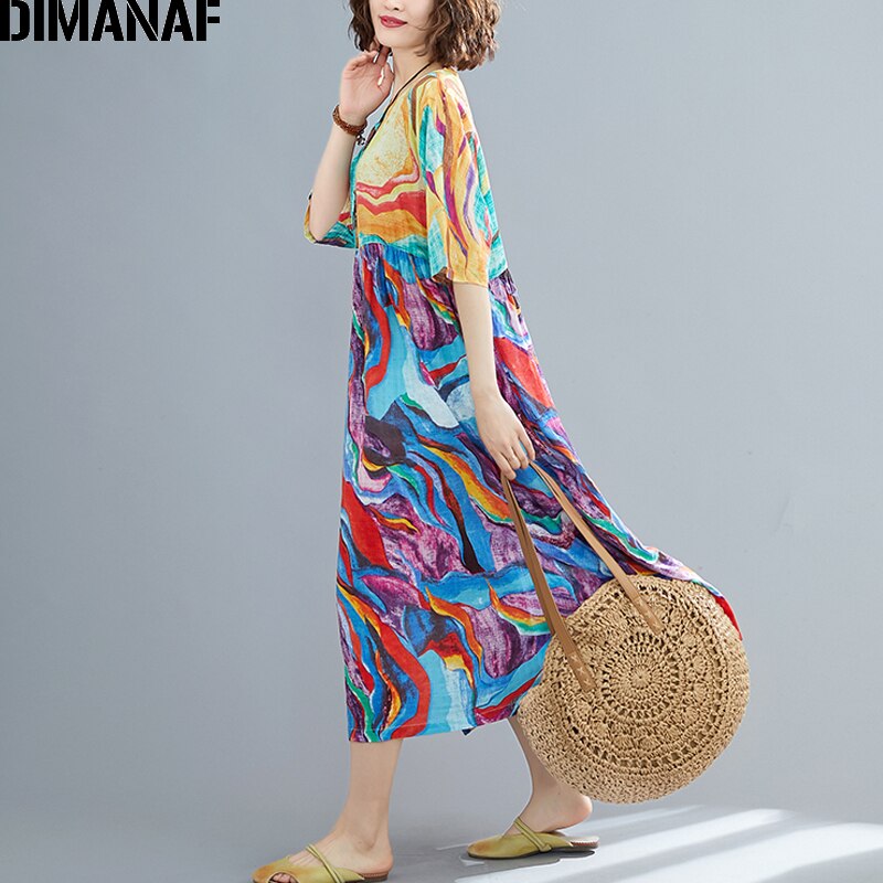 DIMANAF Plus Size Women Dress Summer Sundress Beach Style Cotton Lady Print Dress Female Vestidos Loose Pleated Casual Clothing