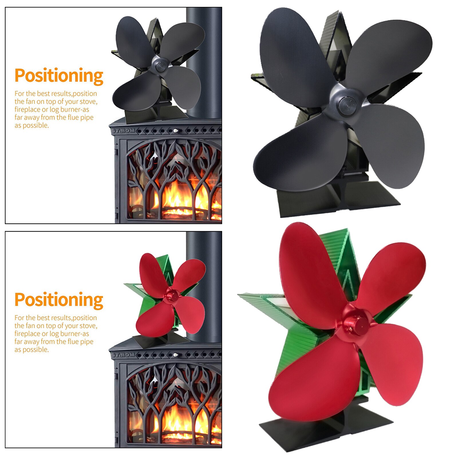 4-Blade Stove Top Fan Heat-Powered Wood Log Burner Heat Distribution Fireplace Fan Eco-Friendly Fuel Saving Warm Air Blower