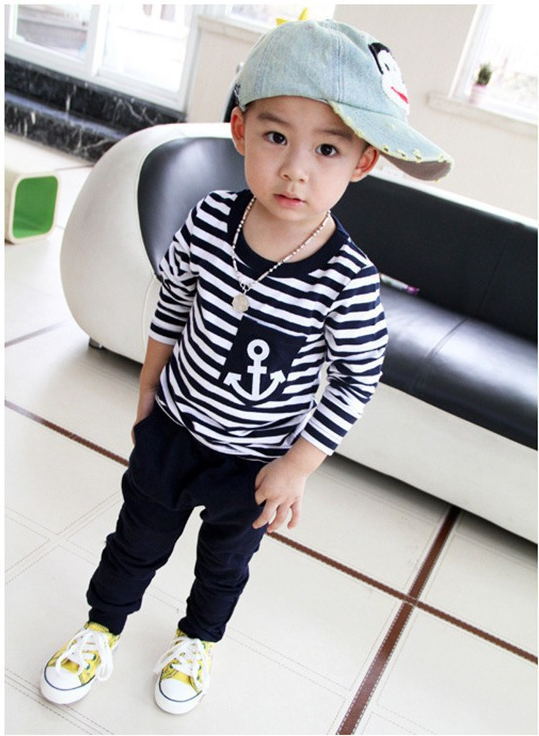 Marine Navy Sailor Boys Tracksuits 100% Cotton Children's T-Shirts Trousers Sets Stripe Boy Sweatshirts Pant Suit