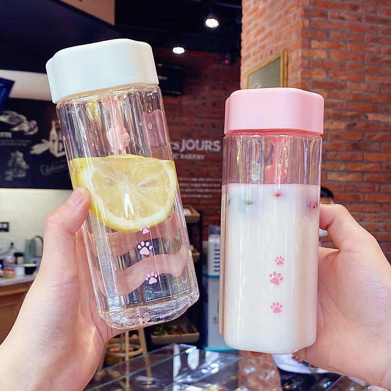 Mooie Kat Poot Water Fles Creatieve Leuke Transparante Plastic Melk Drinkbeker Bpa Gratis Draagbare Anti Vallen Cups Met handvat