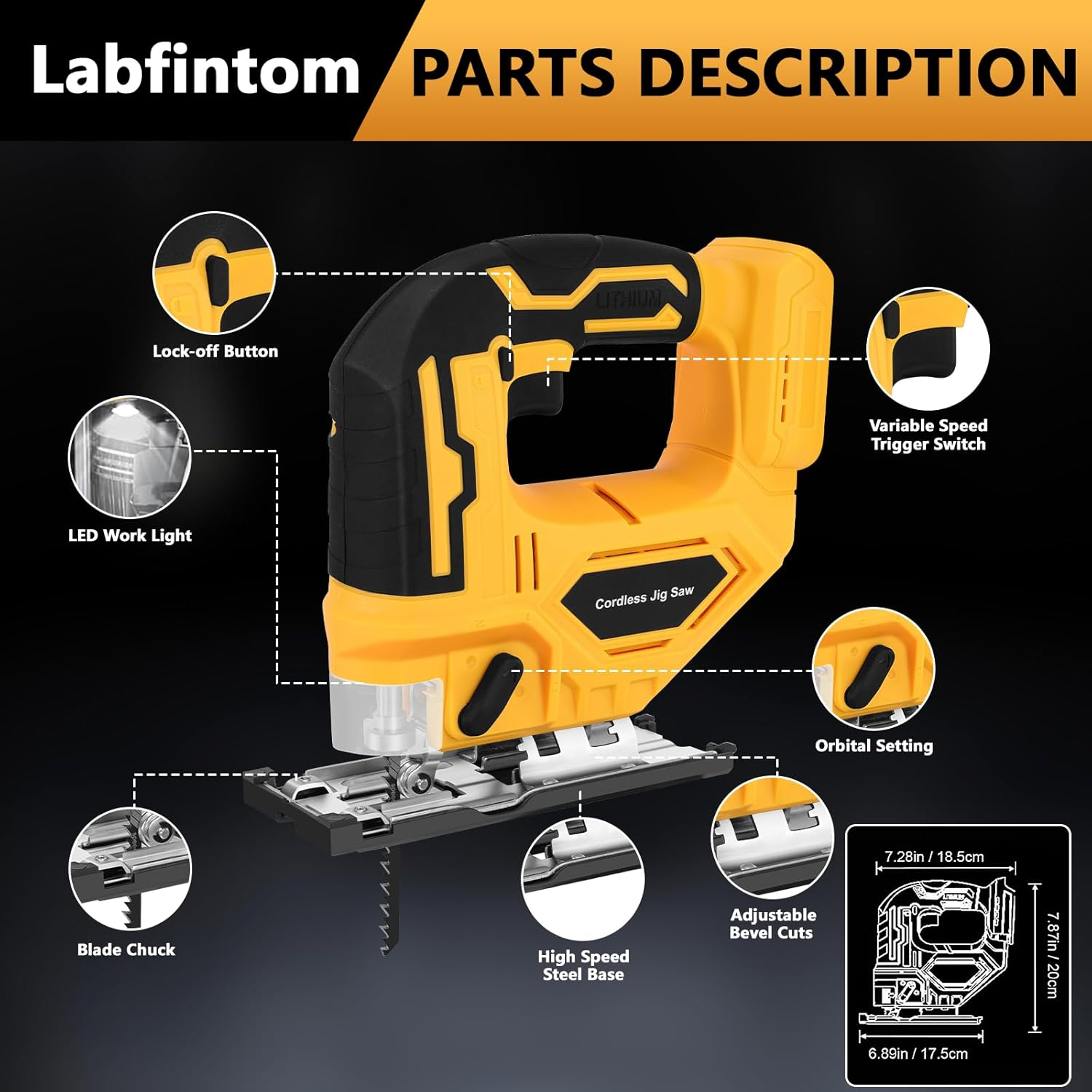 Beveled Cuts Cordless Jigsaw Tool Brushless Motor 2900RPM 45 Degree LED Light 4 Curve Cuttings for Dewalt 18V/20V Max Battery
