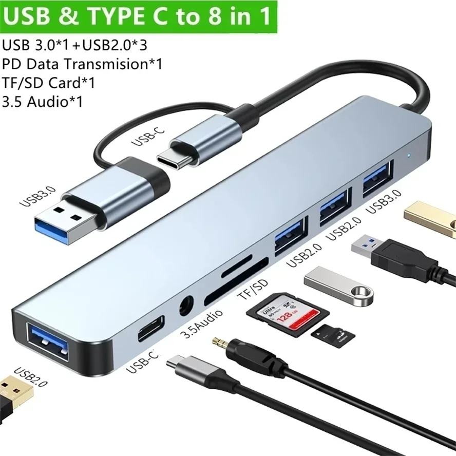 8 in stații de andocare hub usb tip c cu 3.5mm adaptoare jack audio cititor 2 carduri micro sd laptop tabletă telefon convertor disc: Albastru cerul