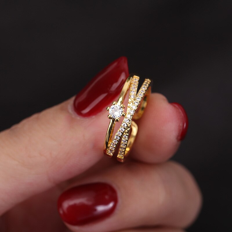 Frauen Luxus glänzend Ringe Braut setzt Zirkonia Kristall Zucht Öffnung Finger Ring Schmuck sehr klein Kreis Elegante