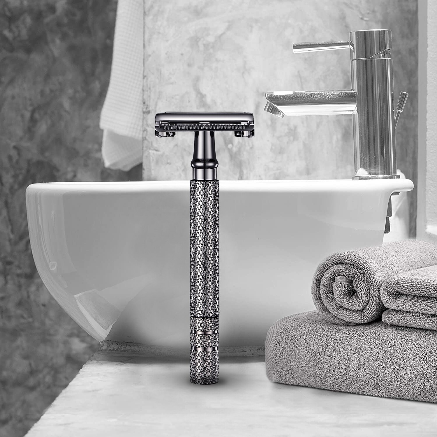 BAILI Butterfly TTO Long Handle Double Edge Safety Razor Wet Shaving for Men Women with 10 Platinum Blades Silver Black
