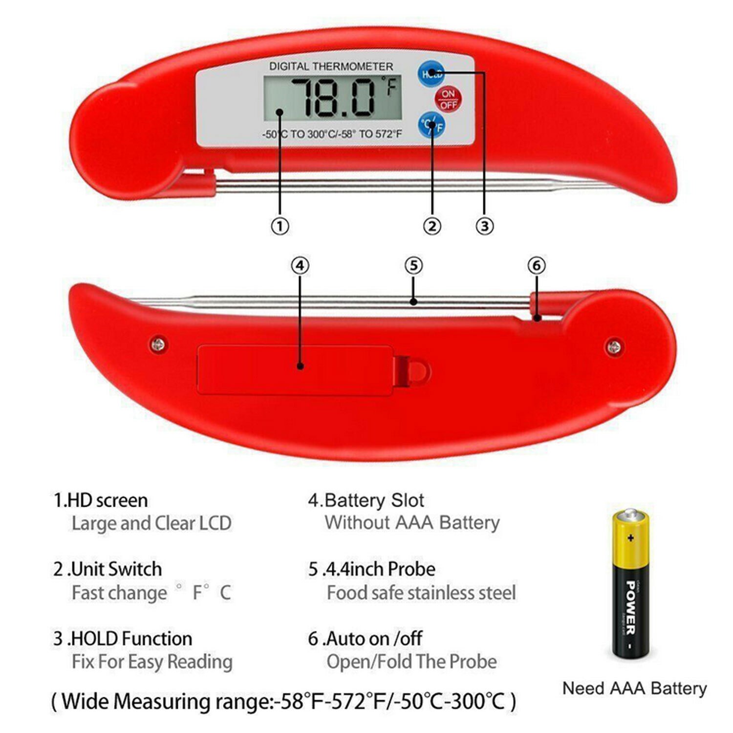 Portable Instant Read Digital Food Meat Grill BBQ Food Cooking Thermometer with Foldable Probe for Home Kitchen Tools