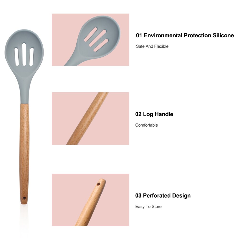 Kjøkkenutstyrssett i silikon kjøkkenverktøy kjøkkenredskaper trehåndtak nonstick spatelrør med grå premiumboks
