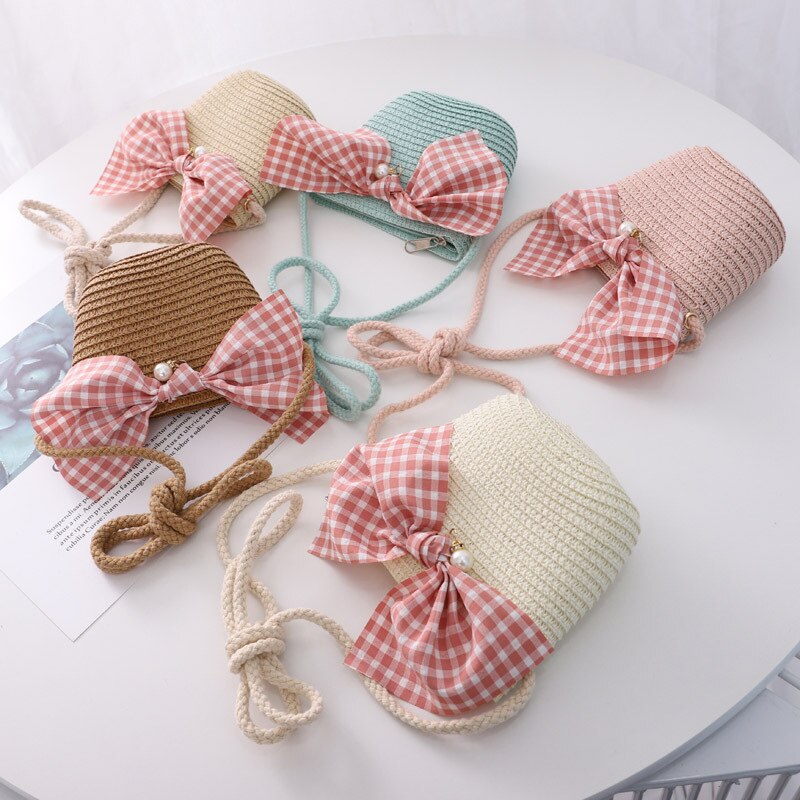 Zomer Kind Prinses Leuke Cartoon Stro Hoed Met Handtassen Tassen 2 Stuks Een Set Kids Meisje Baby Boog Plaid panama Zonnehoed