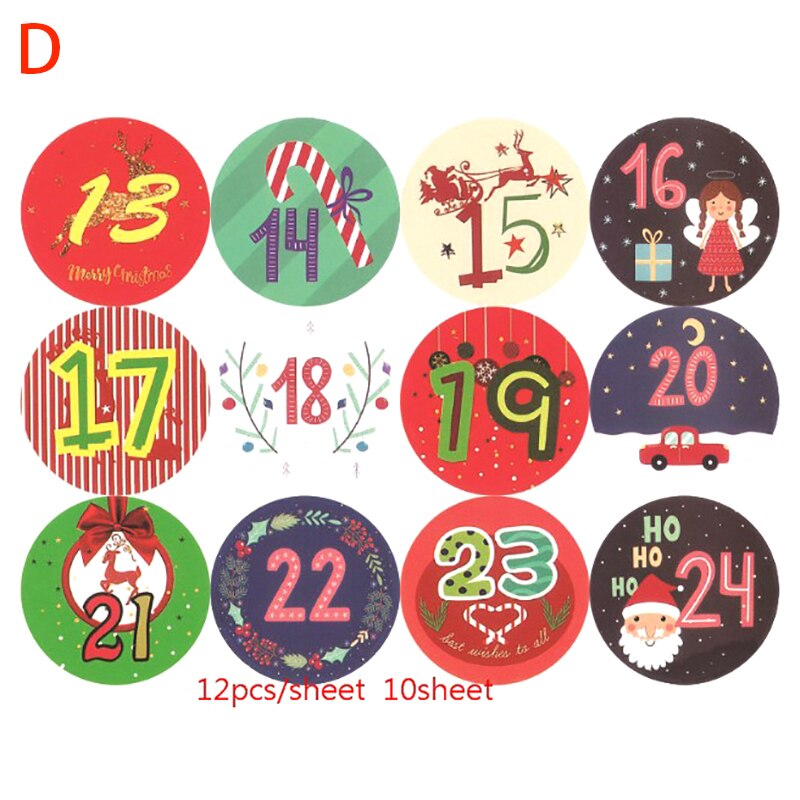 10 Sheet Christmas Label Advent Calendar Number Paper Stickers Ornaments Cookie Candy DIY Xmas Adhesive Packaging Sticker: D