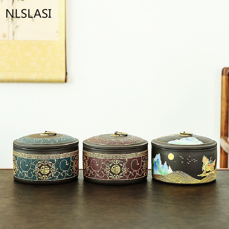 Hand Geschilderde Landschap Schilderen Paarse Klei Thee Caddy Opslagtank Reizen Theezakje Verzegeld Thee Pot Koffie Organizer Bus