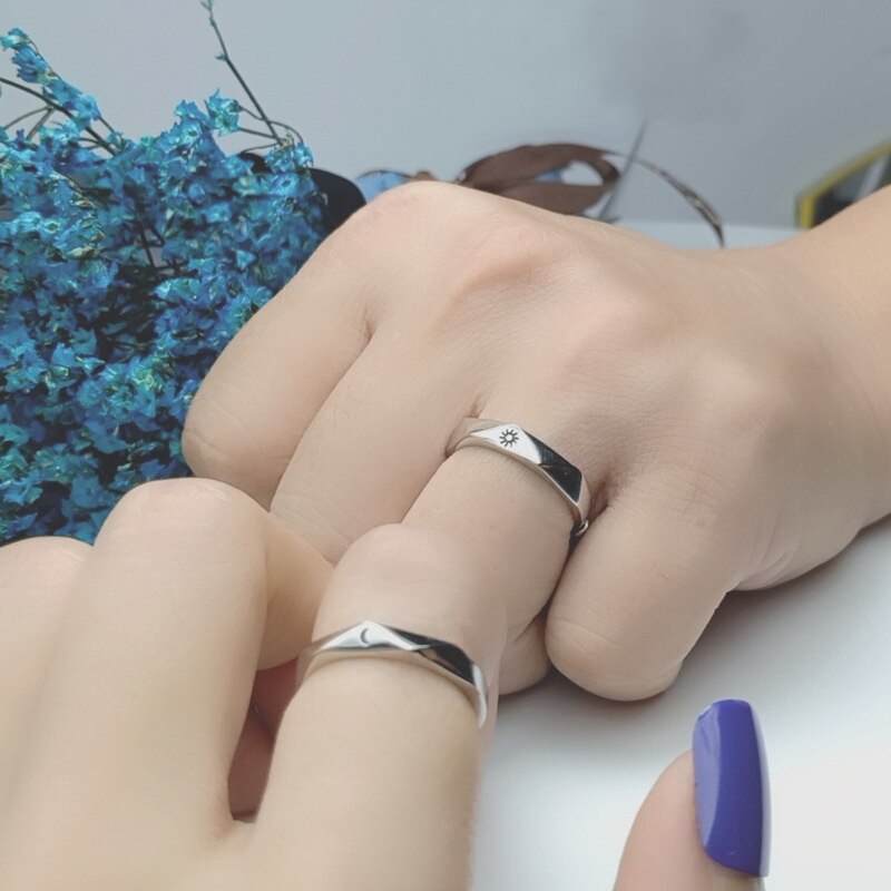Bagues de Couple pour femmes et hommes, ensemble de 2 pièces, soleil et lune, anneaux de mariage, doigt d'amoureux, couleur argent, bijoux assortis, de saint-valentin