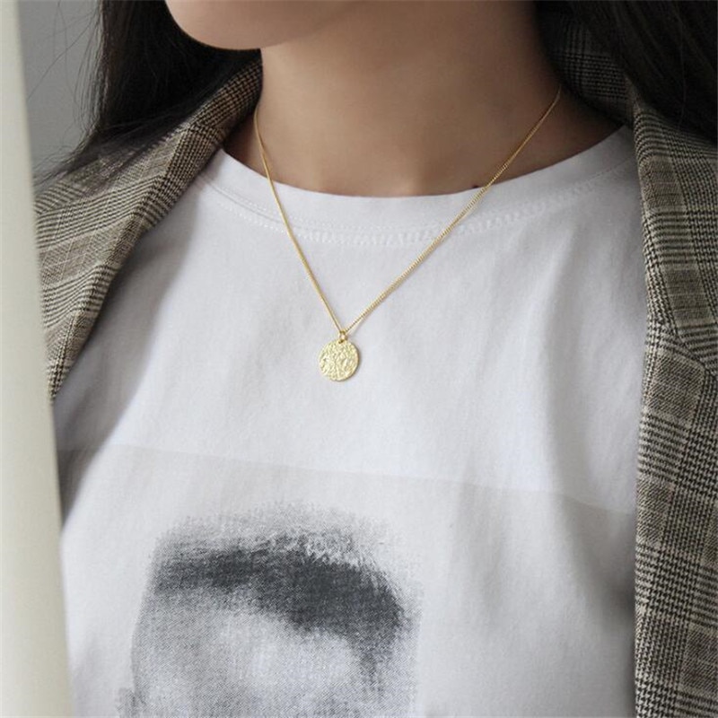 100% 925 Sterling Silver Jewelry Concave-convex Frosted Round Pendant Necklaces for Women