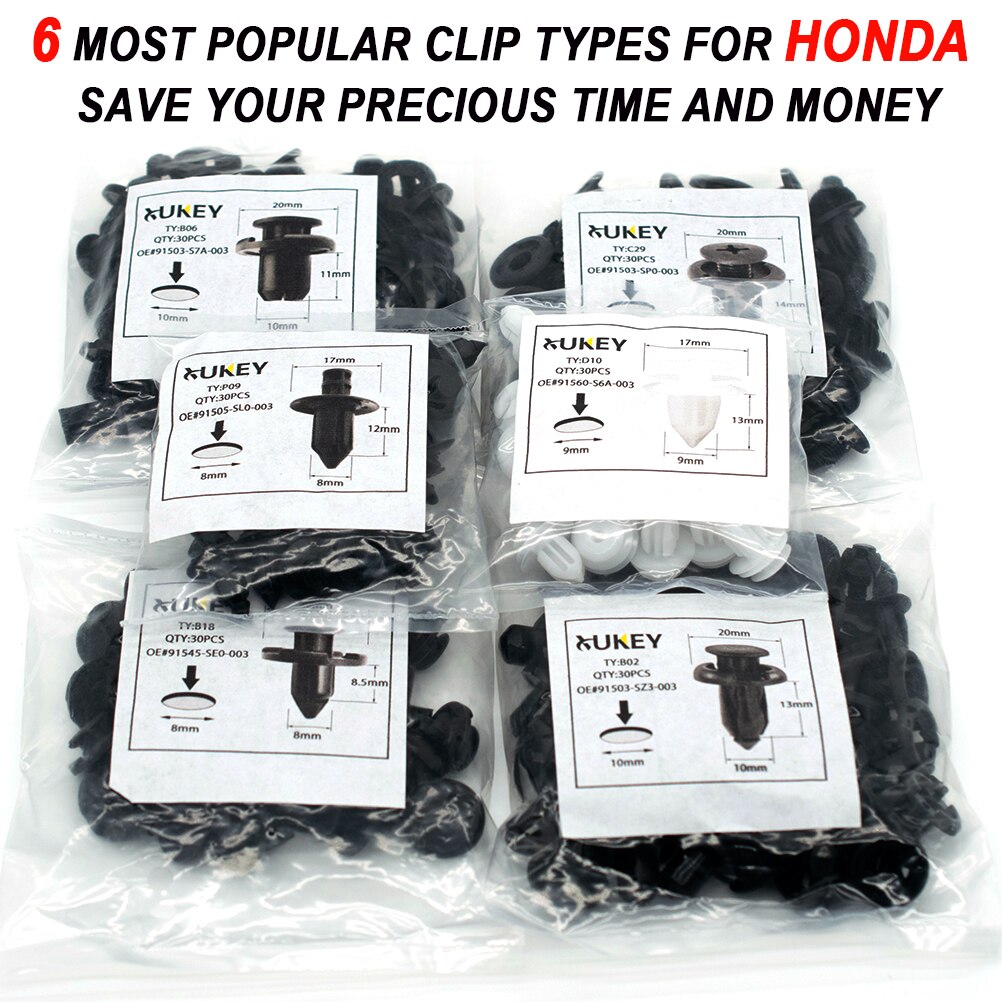 Erick's Wiper 180x 6 Sizes Auto Fastener Car Body Push Pin Rivet Trim Clips Bumper Fender Retainer For Honda Civic Accord CR-V