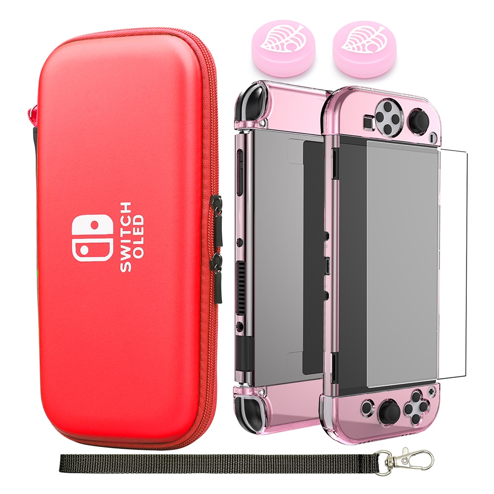 Switch OLED Storage Carry Bag Accessories Kit PC Clear Cover Case Screen Protector With Analog Grips for Nintendo Switch OLED: Red