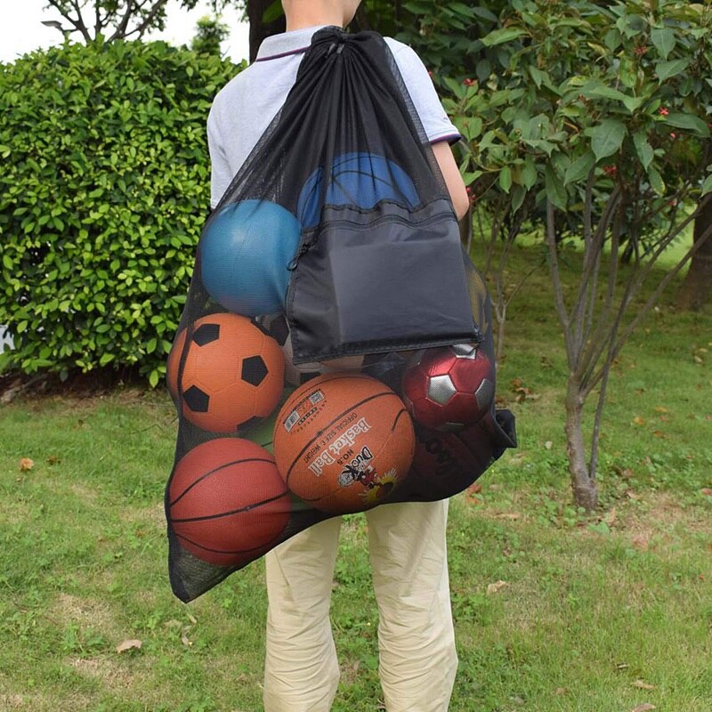 Kraftig netting ball bag justerbar glidende snøring snøring sportsutstyr oppbevaringspose for basketball fotball sports strand