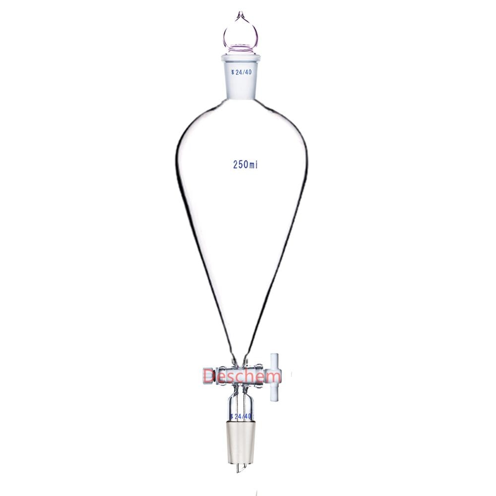 250ml,24/40,Lab Glass Pyriform Separatory Funnel,Pear Shape,PTFE Stopcock