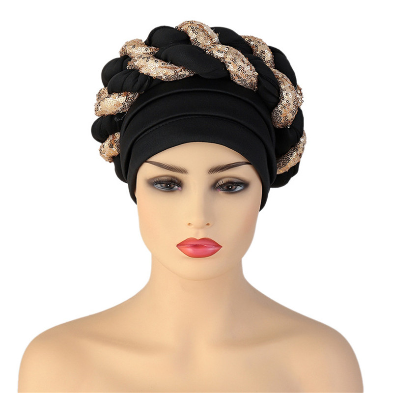 Gorro turbante trenzado de lentejuelas para mujer, tocado africano autogele: Red brown