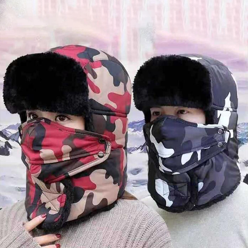 Unisex Camouflage Bomber Hat Russia Caps Waterproof Warm Faux Fur Earflap Winter Snow Skiing Hats Casual