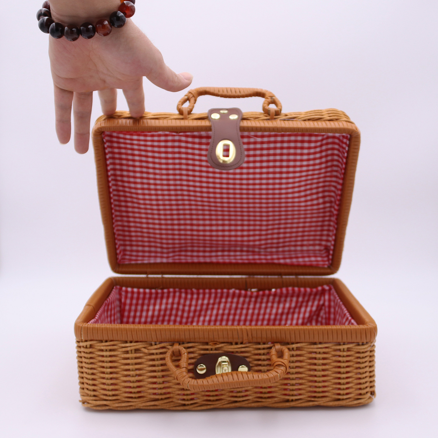 Paniers en rotin PP rétro, panier de rangement pour pique-nique, valise WUNICEF avec boîte à la main, boîte de rangement cosmétique tissée, rangement d'organisation: XL / Rose
