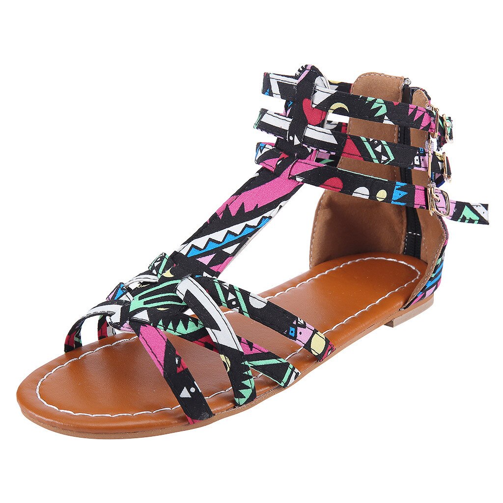 National Wind Sandals Bohemian Style Sandals Large Size Contrast Women Shoes ladies sandals flat sandalias mujer #G30: Black / 4.5