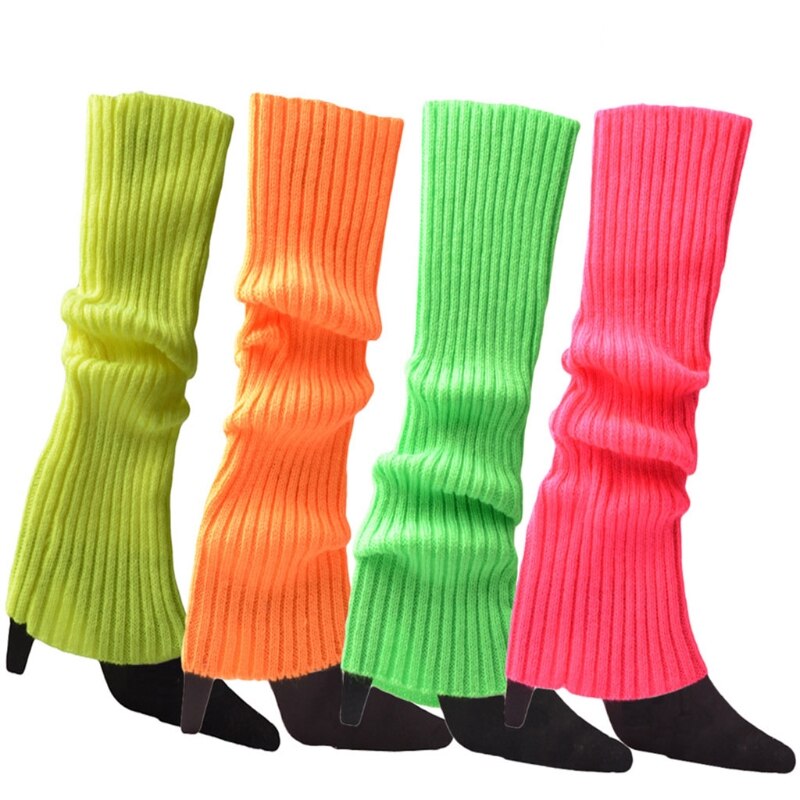 Women 80s Fluorescent Neon Colored Knit Leg Warmers Ribbed Crochet Bright Footless Socks Stockings Halloween Dance Party