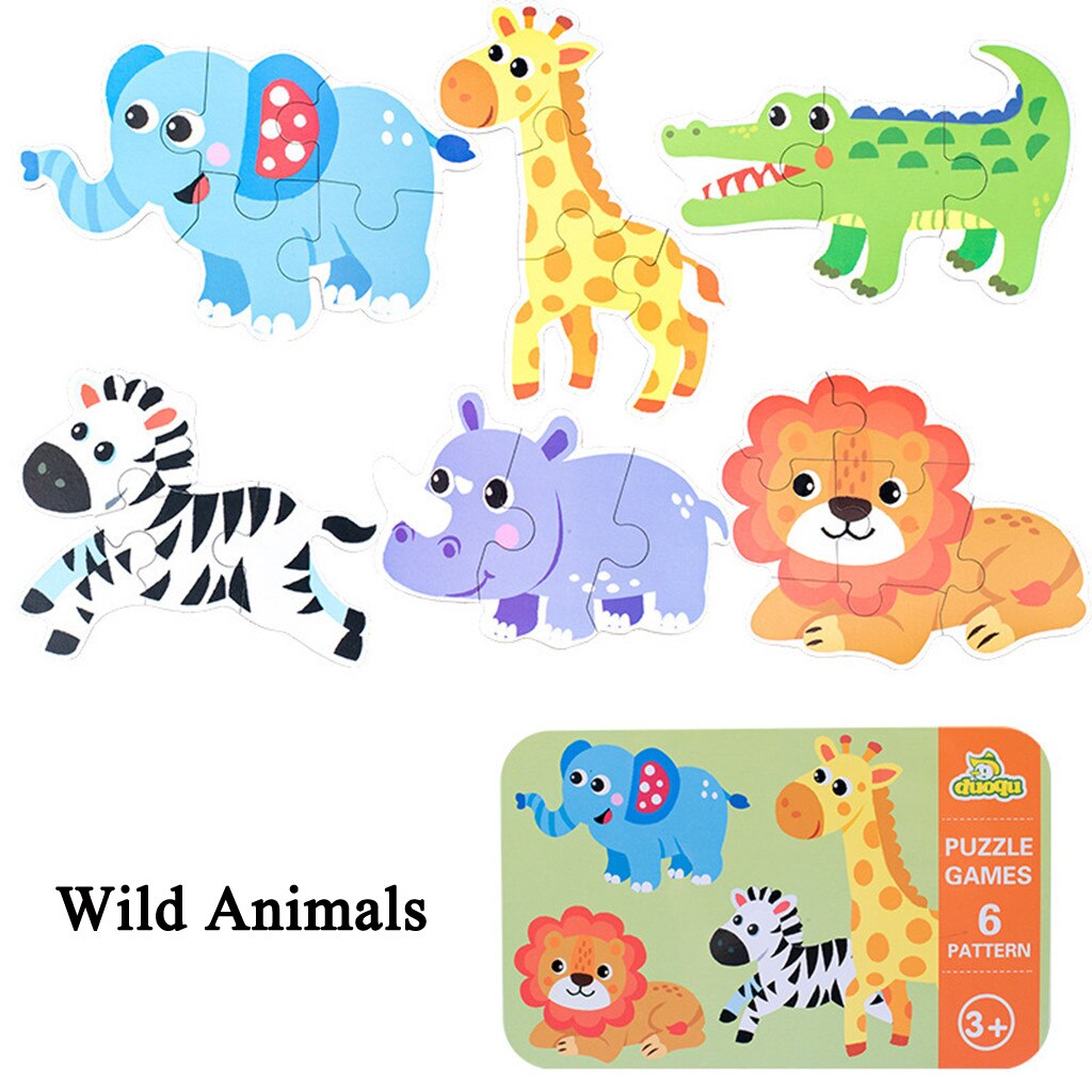 Baby Kids Cognition Puzzles Toys Cartoon Traffic Animal Cognition Puzzles Toys Baby Iron Box Cards Matching Education Game ZXH: metal Wild