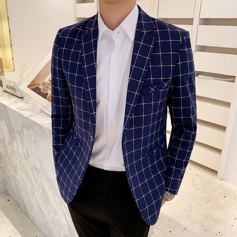 Herre jakkesæt herre blazer plus size casual herre plaid blazer jakke langærmet business jakkesæt frakker herre: Kongeblå / Xxl