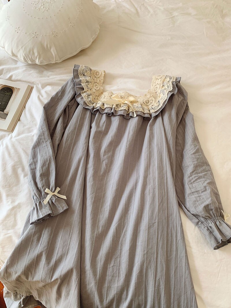 Women&#39;s Lolita Dress Flower Embroidery Lace Square Neck Princess Sleepshirts Vintage Nightgowns Nightdress Cute Lounge Sleepwear