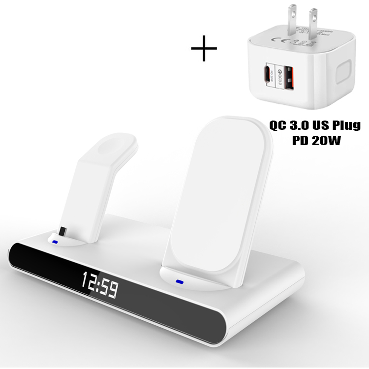 3 in 1 kabellos Ladestation Für iPhone 13 12 11 Profi Max/Apfel Uhr/AirPods LED Digital wecker Drahtlose Ladegerät Stehen: Weiß-uns Stecker(C)
