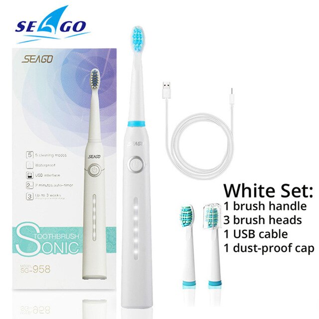 Seago sonic elektrisk tandbørste usb genopladelig med voksne 5 udskiftningshoveder til sort hurtig start timer tandbørste: Hvid