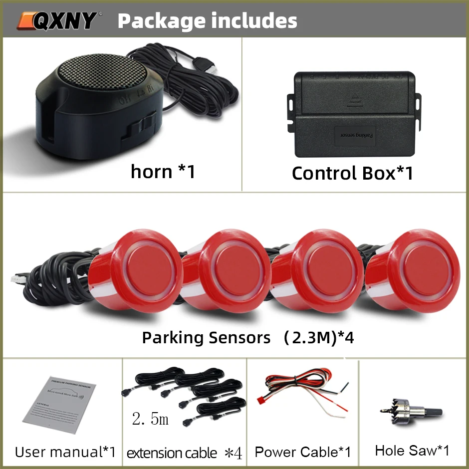 Front Parking Sensor Kit Auto Parktronic Vehicle Assistant System Buzzer Alarm Volume Can be Adjusted Universal: Red
